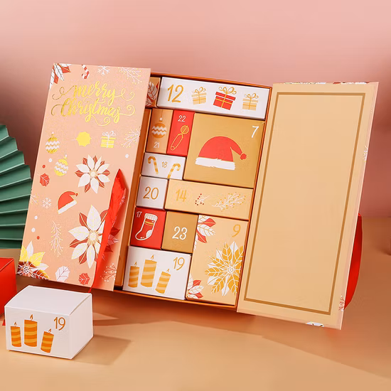 Design personalizzato Vuoto Calendario dell'Avvento di 24 giorni Ramadan Conto alla rovescia Regalo cieco Cioccolato Caramelle Giocattolo Gioielli Candela FSC Carta Confezione regalo per alimenti